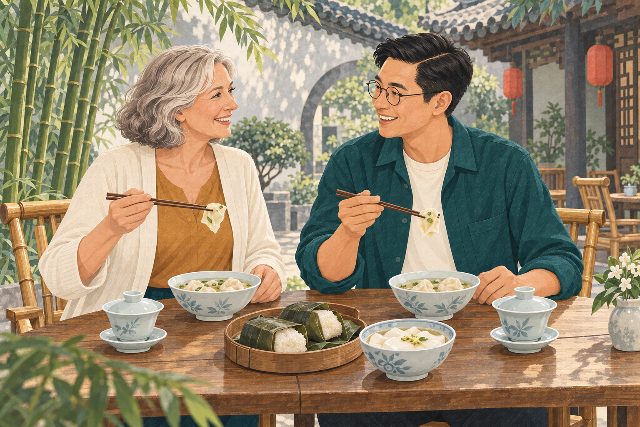 The same woman and her male host sharing light Chengdu snacks and tea.