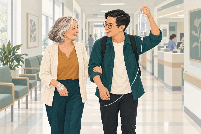 The same female traveler accompanied through a hospital by her male host, who carries her IV bag.