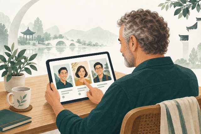 An older male traveler browsing individual local host profiles on a tablet.