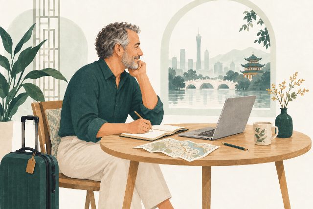 An older male traveler planning his visit with a notebook and city map.